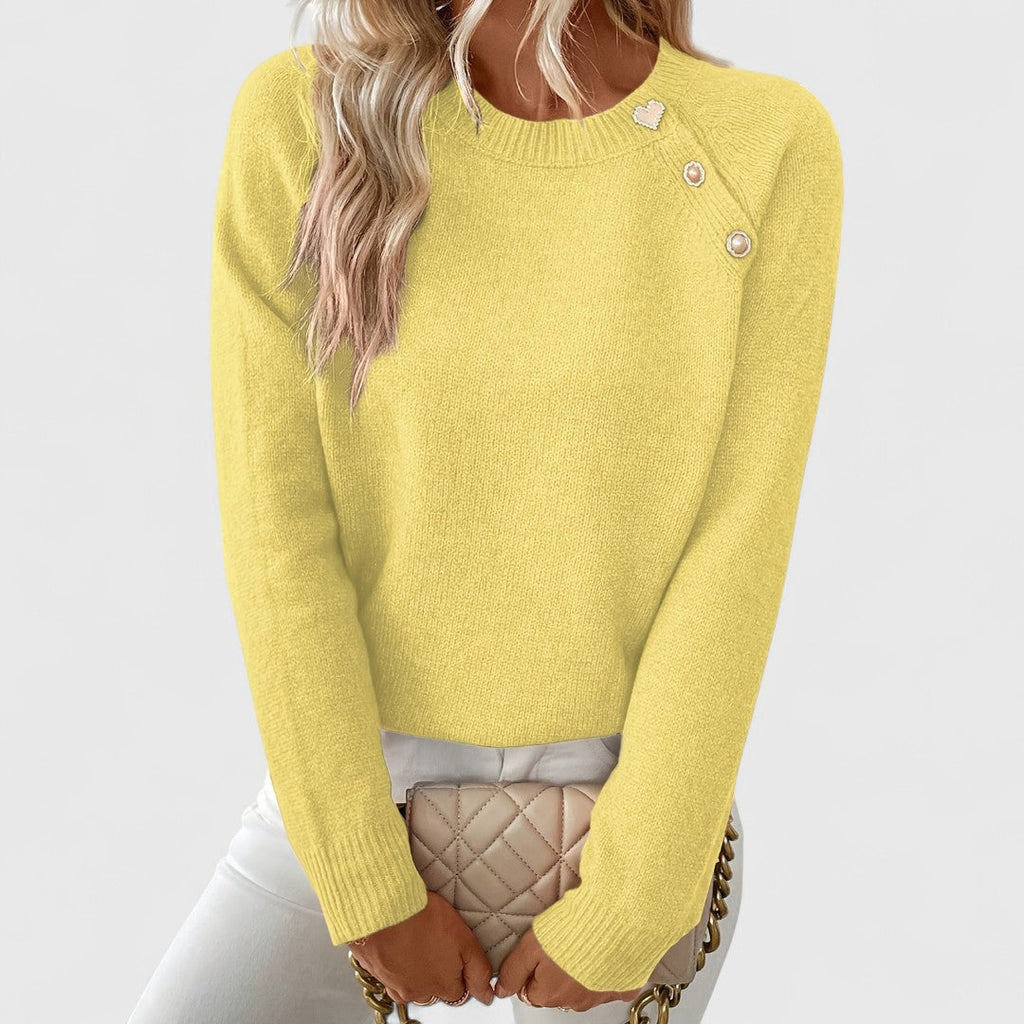 Naomi | Women's Crew Neck Pullover with Pearl Button Shoulder Trim