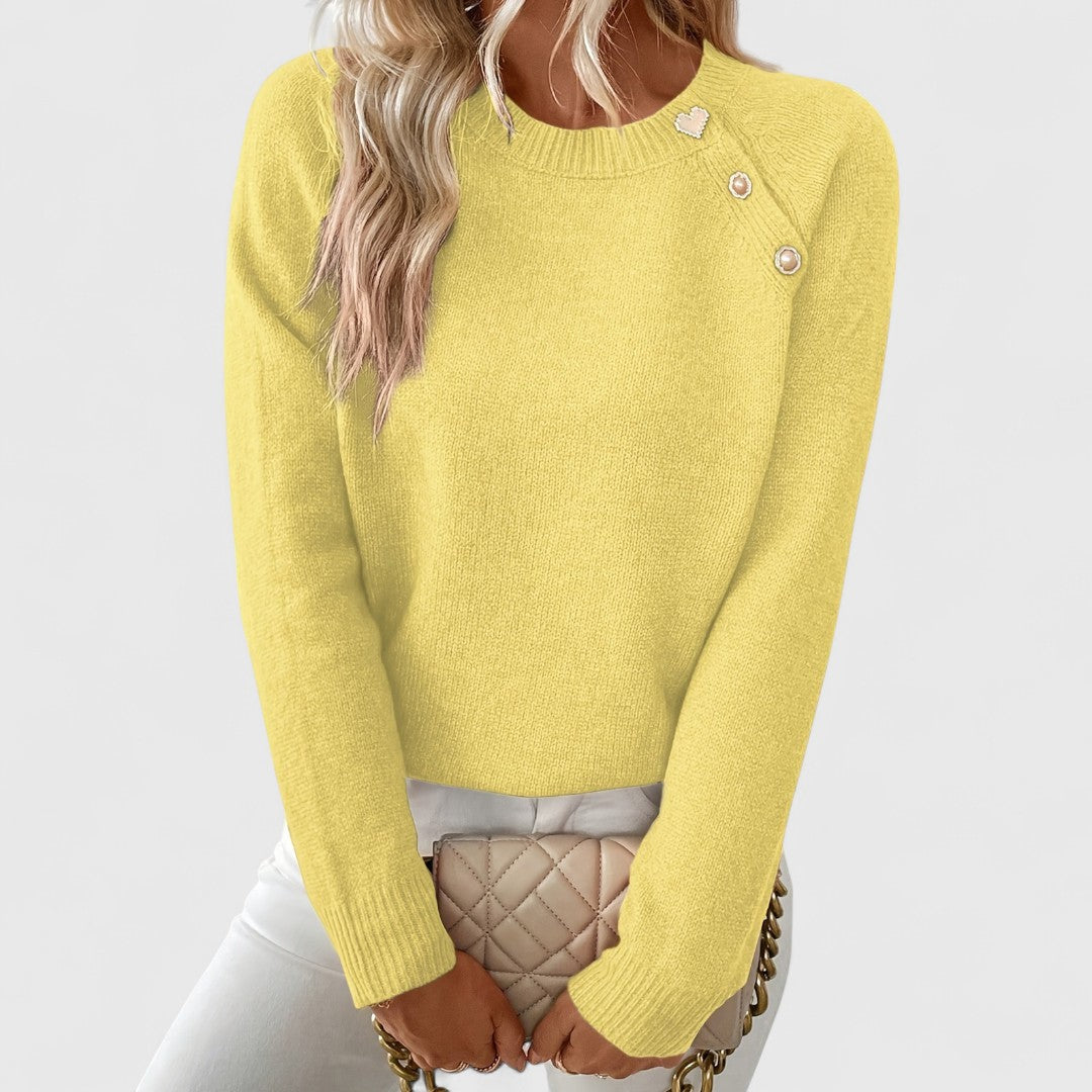 Naomi | Women's Crew Neck Pullover with Pearl Button Shoulder Trim