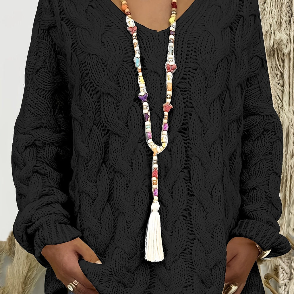 Rosalind | Women's Chunky Cable Knit V-Neck Sweater in Angola Mountain Wool