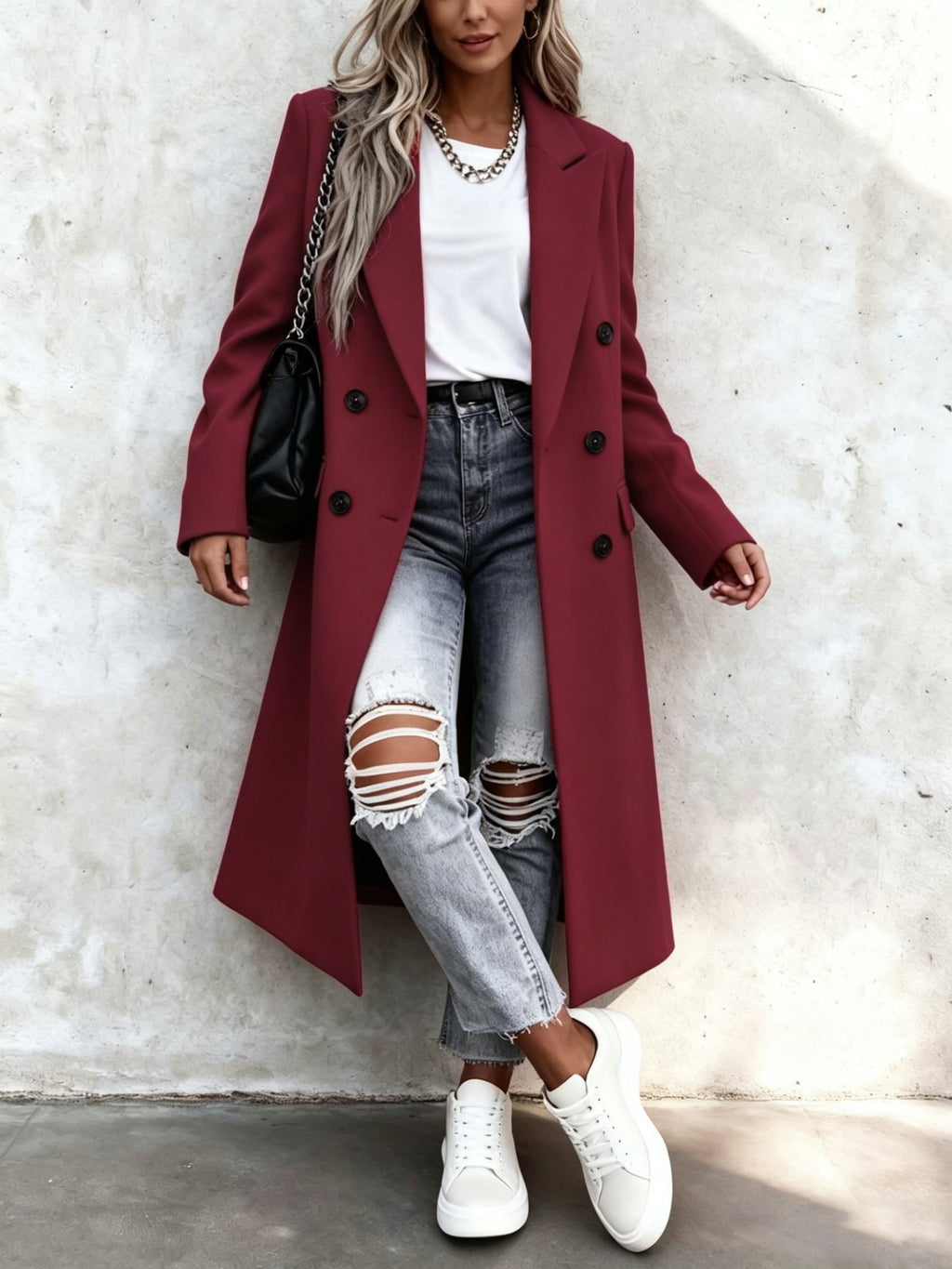 Genevieve | Women's Longline Double Breasted Coat with Notch Lapel