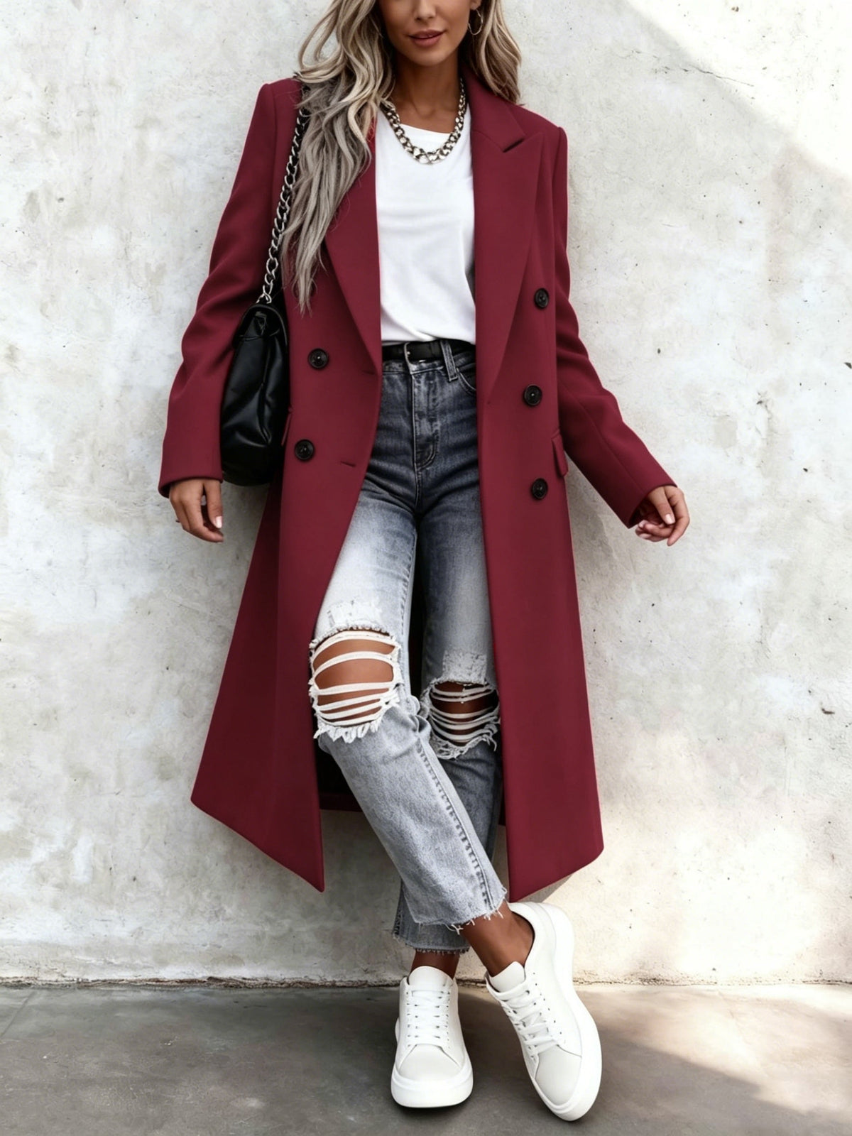 Genevieve | Women's Longline Double Breasted Coat with Notch Lapel