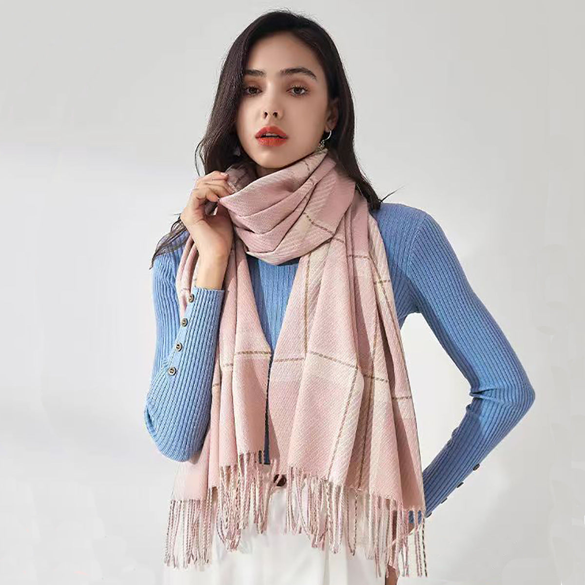 Bianca | Women’s Checked Scarf with Fringe Ends