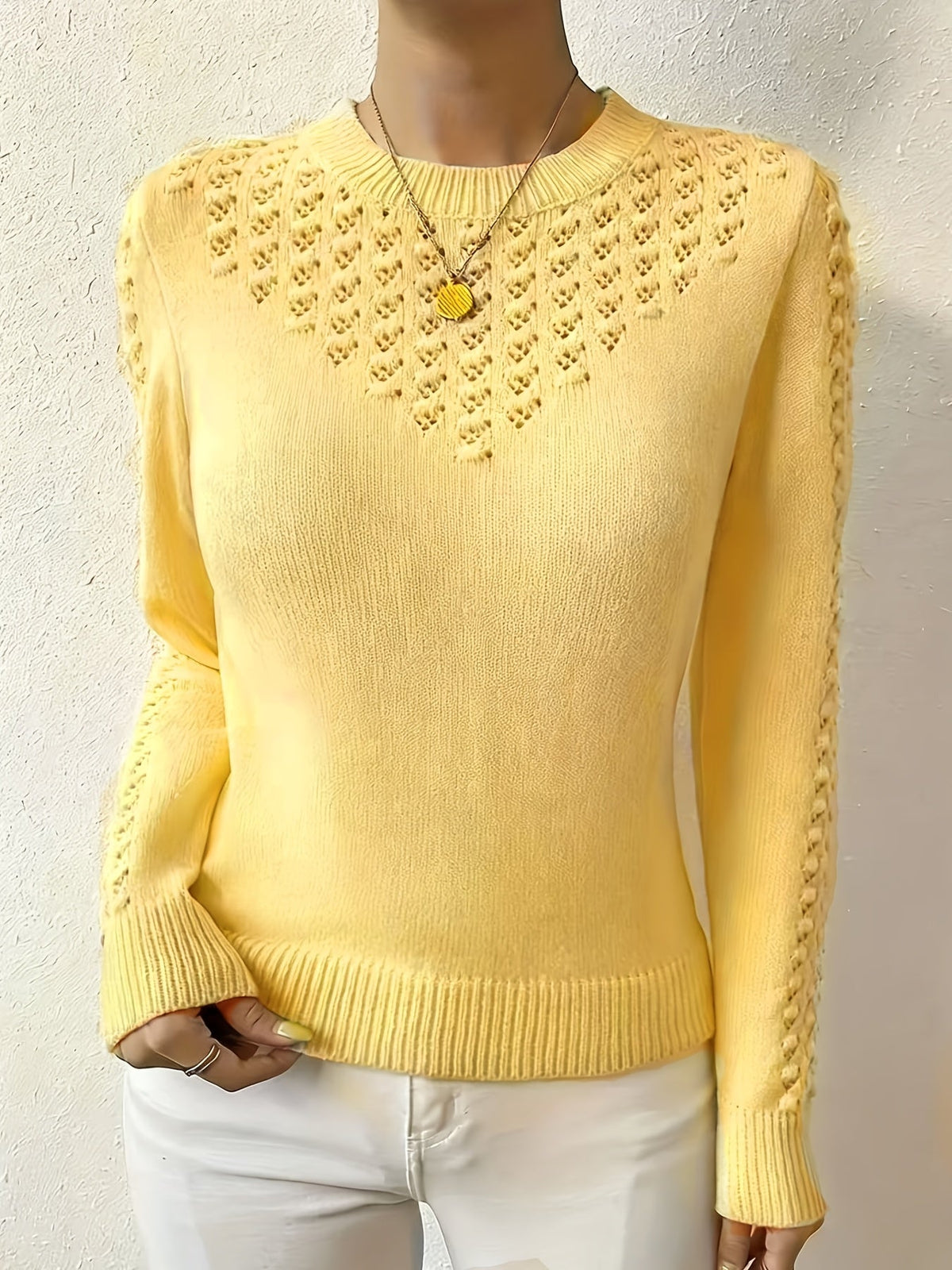 Josie | Women's Fitted Pointelle Knit Sweater with Crew Neck