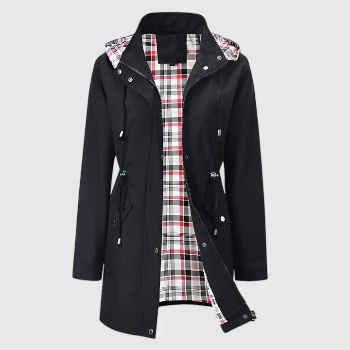 Marceline | Women's Longline Hooded Rain Jacket with Plaid Lining