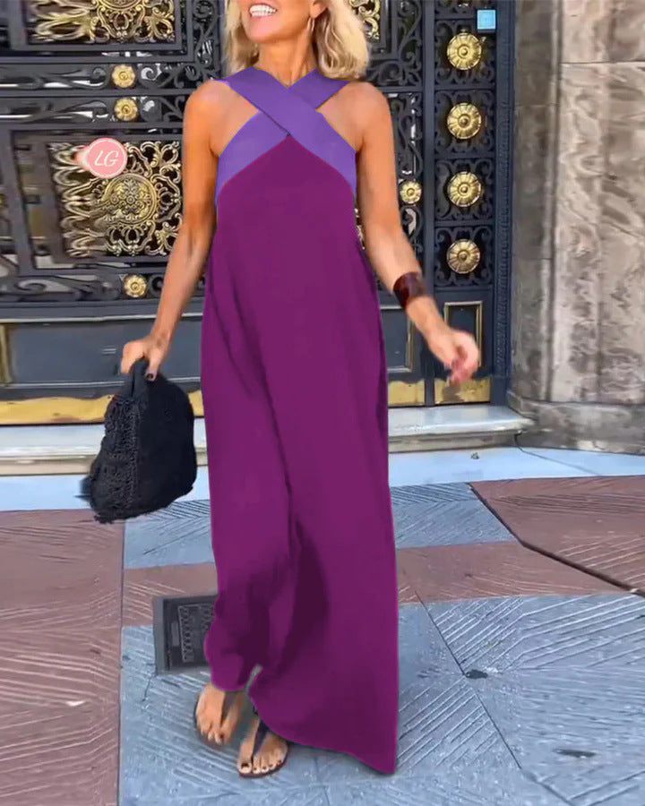 Contrast Cross Halter Neck Sleeveless Casual Maxi Dress