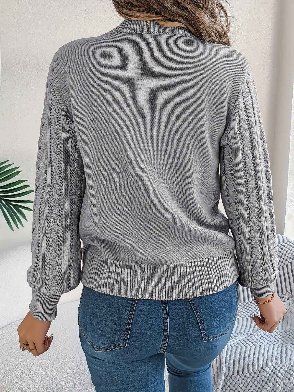 Elspeth | Women's Pointelle Cable Knit Crew Neck Sweater