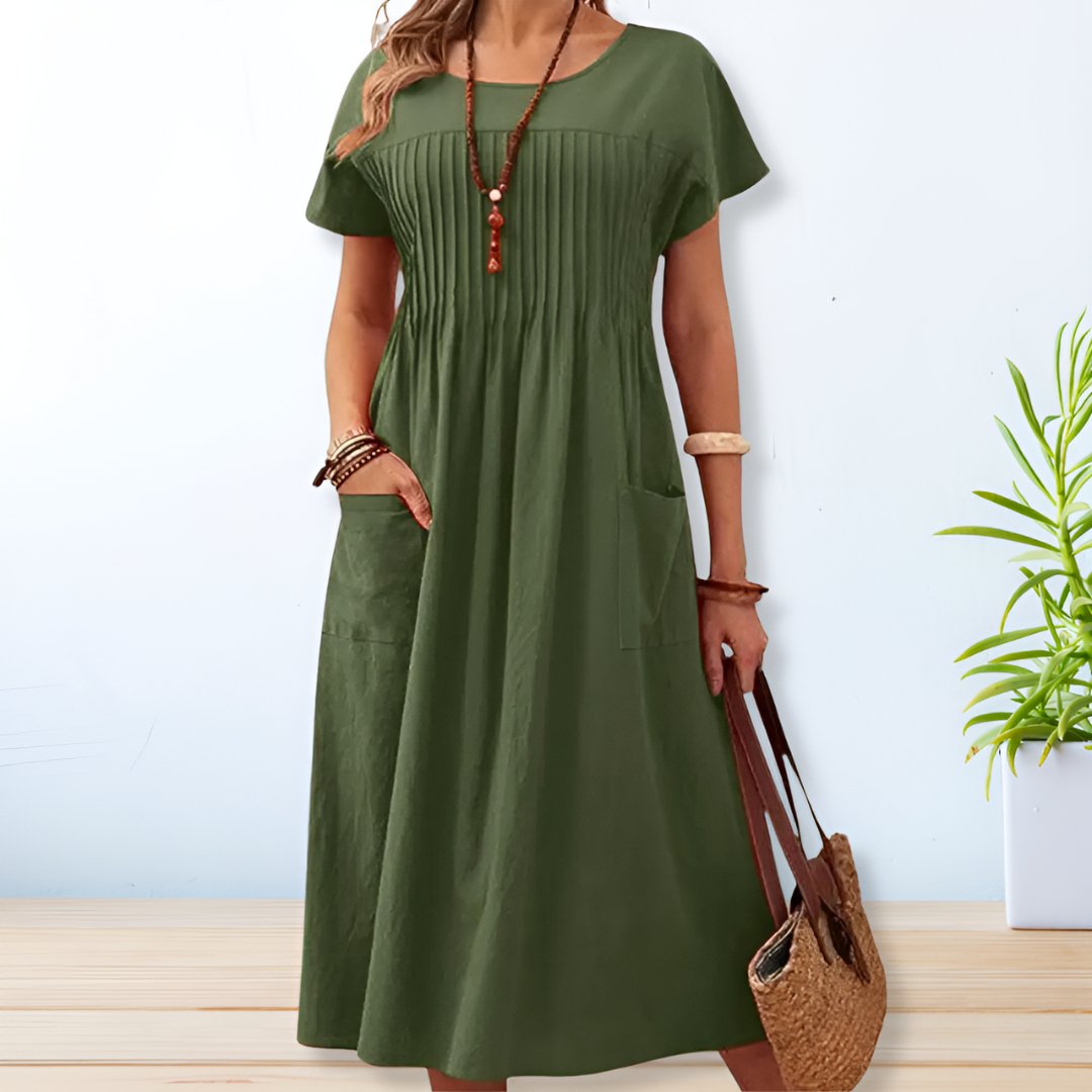 Pintuck Bodice Short Sleeve Dual Pocket Casual Maxi Dress