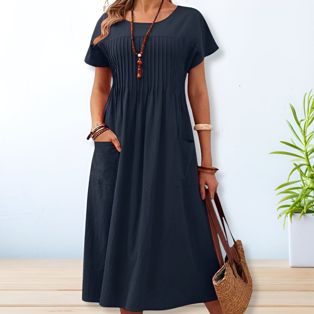 Pintuck Bodice Short Sleeve Dual Pocket Casual Maxi Dress