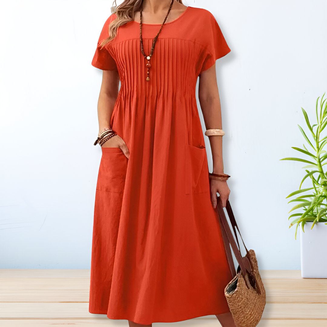 Pintuck Pleat Short Sleeve Pocket Casual Maxi Dress