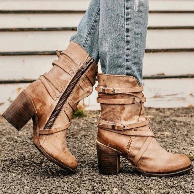 Amabelle | Women's Buckle Strap Heeled Ankle Boots with Block Heel
