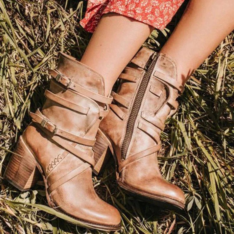 Amabelle | Women's Buckle Strap Heeled Ankle Boots with Block Heel