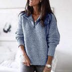Amaia | Women's Chunky Knit Half Zip Sweater with Fold Over Collar