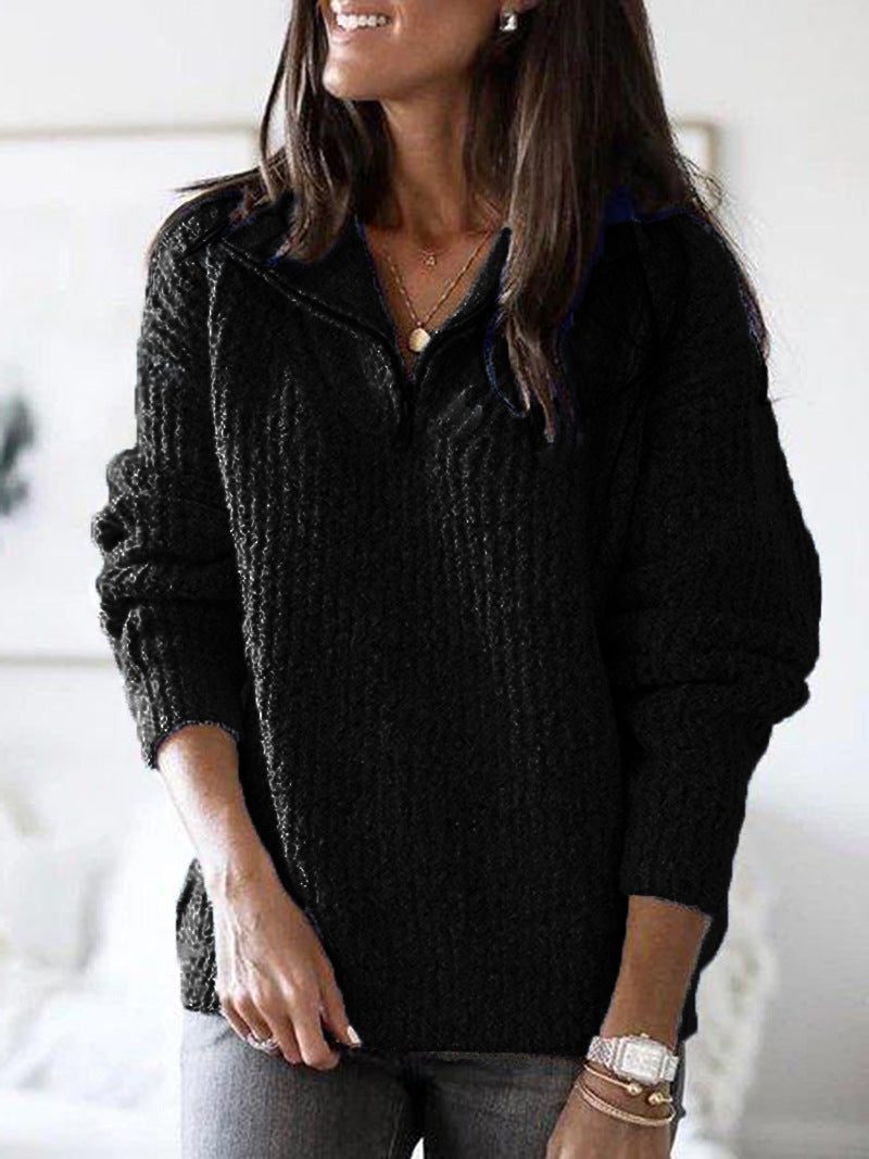 Amaia | Women's Chunky Knit Half Zip Sweater with Fold Over Collar