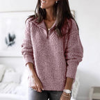 Amaia | Women's Chunky Knit Half Zip Sweater with Fold Over Collar