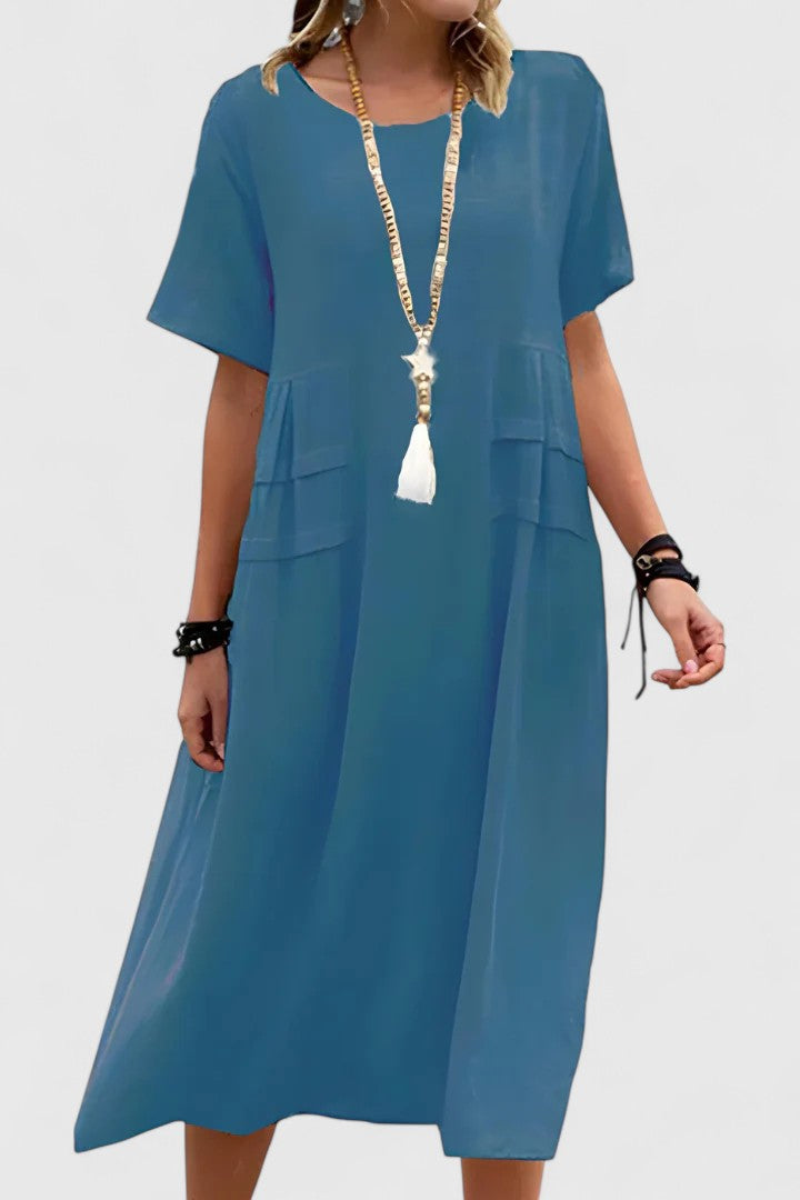 Double Pocket Short Sleeve Loose Fit Linen Midi Dress