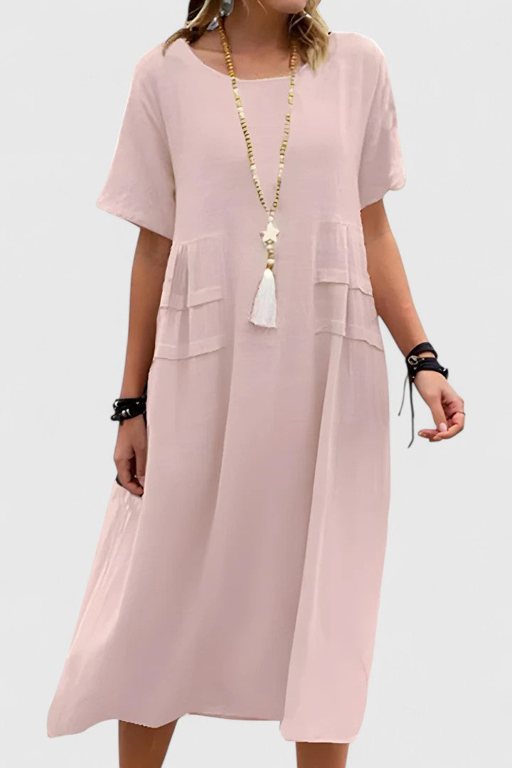 Double Pocket Short Sleeve Loose Fit Linen Midi Dress