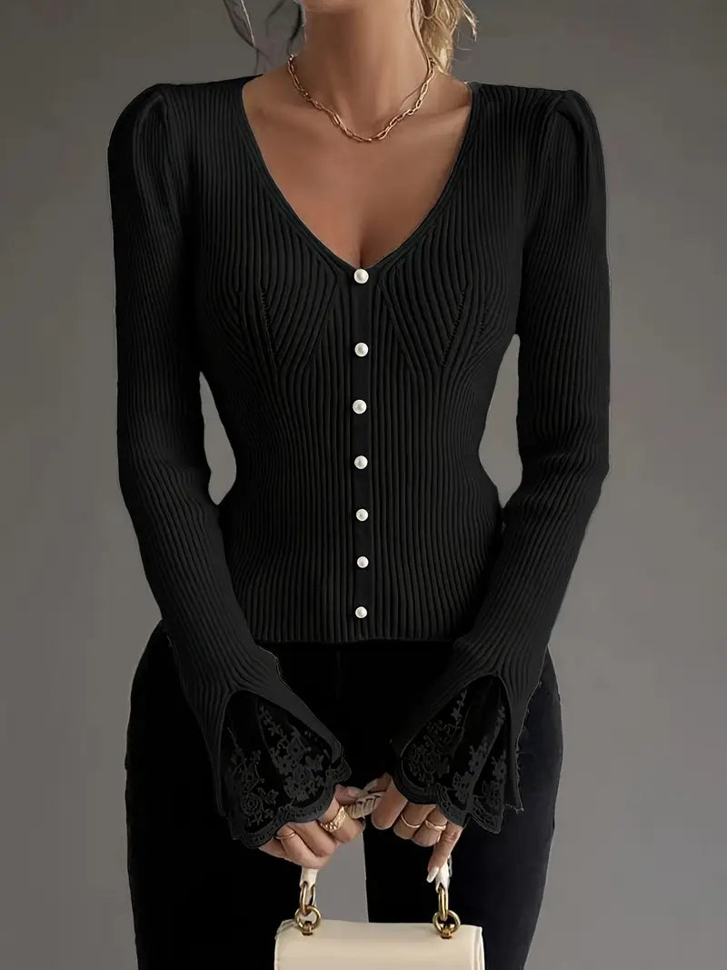 Aveline | Women's Puff Shoulder V-Neck Top with Pearl Buttons and Lace Trim