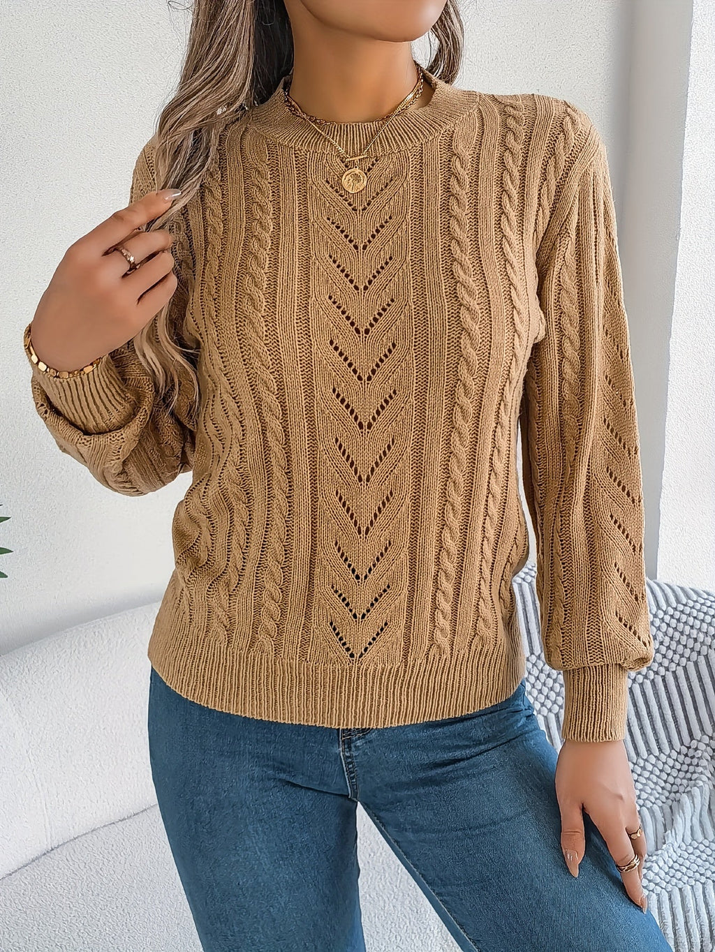 Elspeth | Women's Pointelle Cable Knit Crew Neck Sweater