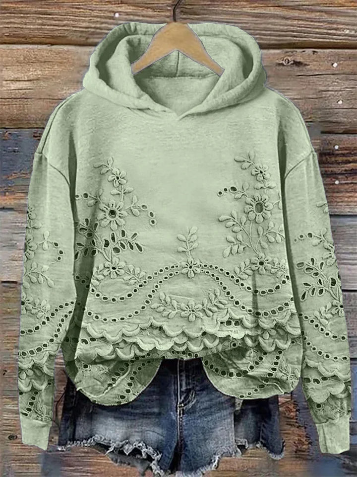 Faye | Women's Floral Embroidered Hoodie with Scalloped Hem