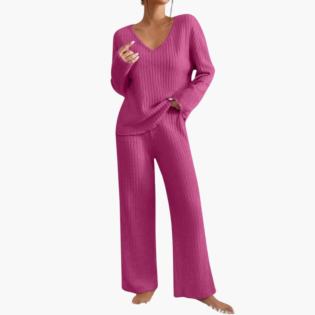 Eleonora | Women's Ribbed Knit V-Neck Sweater and Wide Leg Pants Set