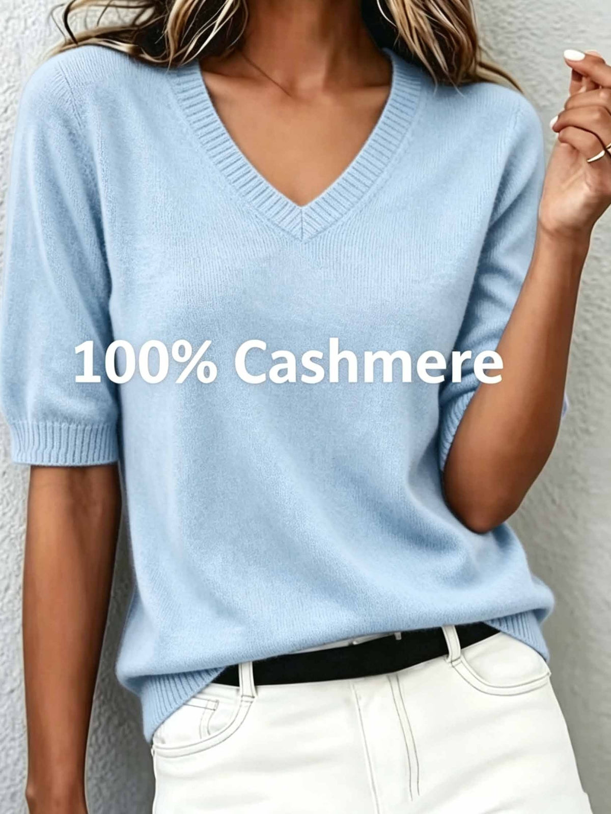 Delphine | Women's Cashmere Wool Short-Sleeve V-Neck Sweater with Ribbed Collar