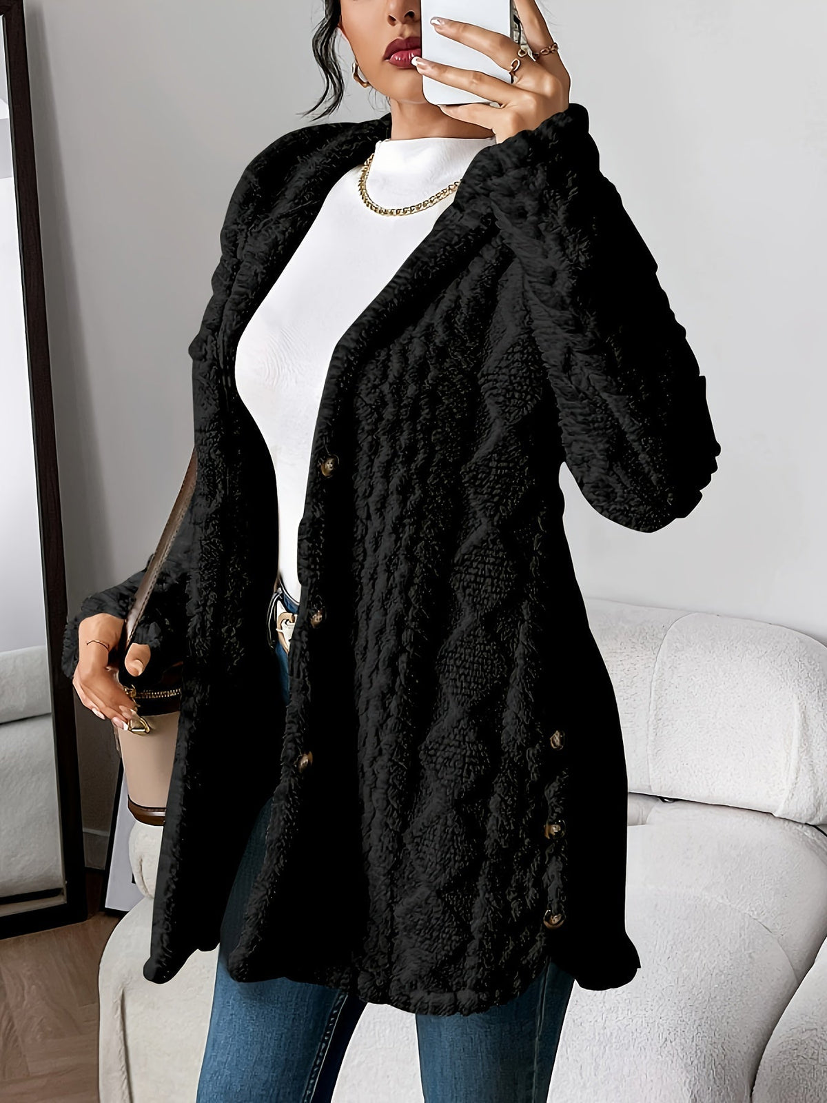 Odalys | Women's Hooded Textured Button-Up Cardigan