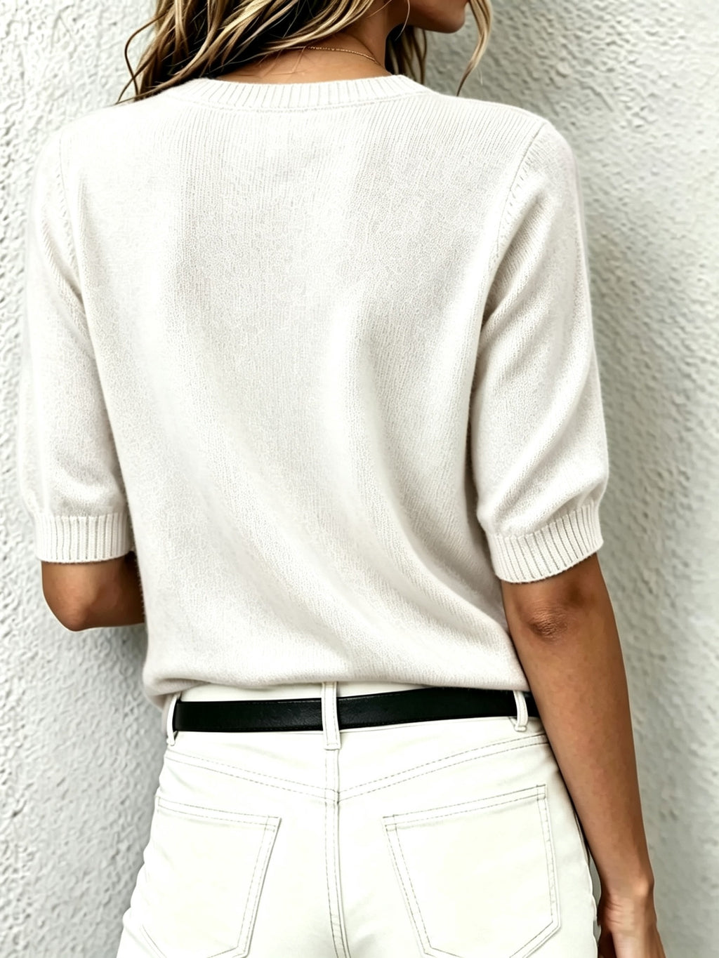 Delphine | Women's Cashmere Wool Short-Sleeve V-Neck Sweater with Ribbed Collar