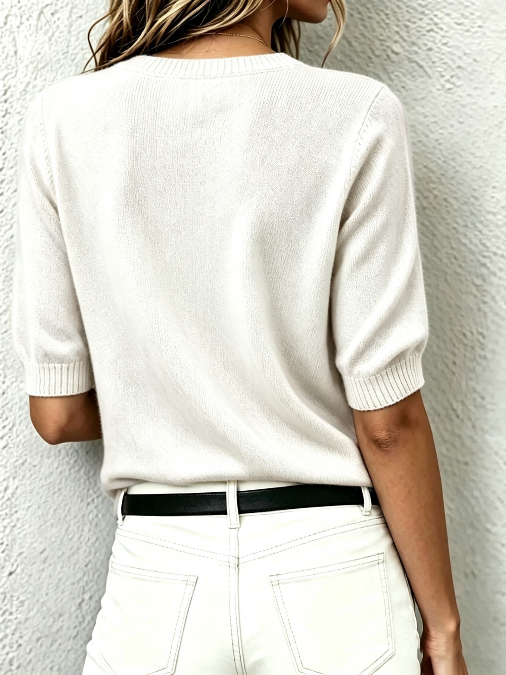 Delphine | Women's Cashmere Wool Short-Sleeve V-Neck Sweater with Ribbed Collar