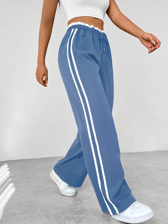 Madison | Women's Wide Leg Jogger Pants in Navy with White Stripes