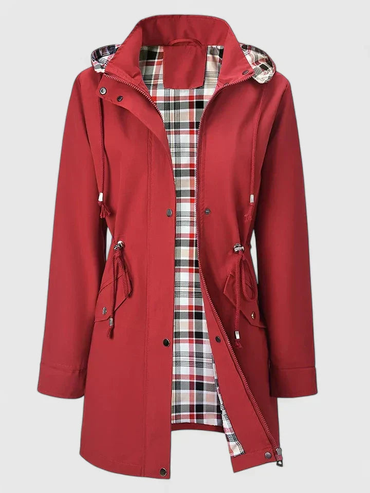 Marceline | Women's Longline Hooded Rain Jacket with Plaid Lining