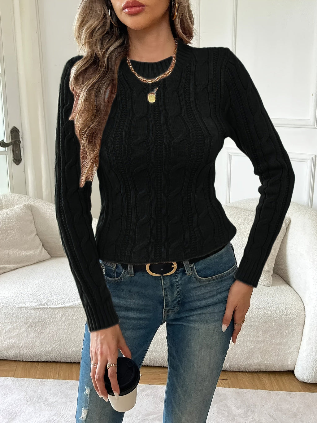 Rosalie | Women's Fitted Crew Neck Cable Knit Sweater