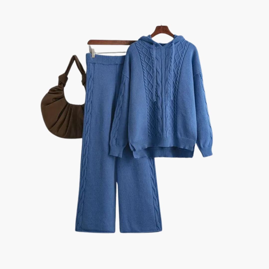 Bettina | Women's Cable Knit Sweater Hoodie and Wide Leg Pants Set