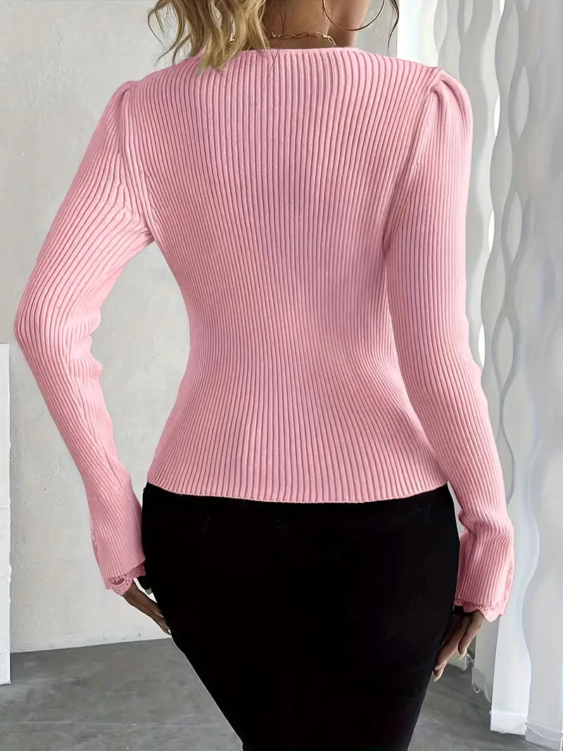 Aveline | Women's Puff Shoulder V-Neck Top with Pearl Buttons and Lace Trim