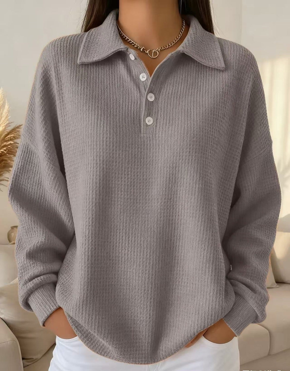 Freya | Women's Waffle Knit Collared Henley Sweater for Casual Autumn Wear