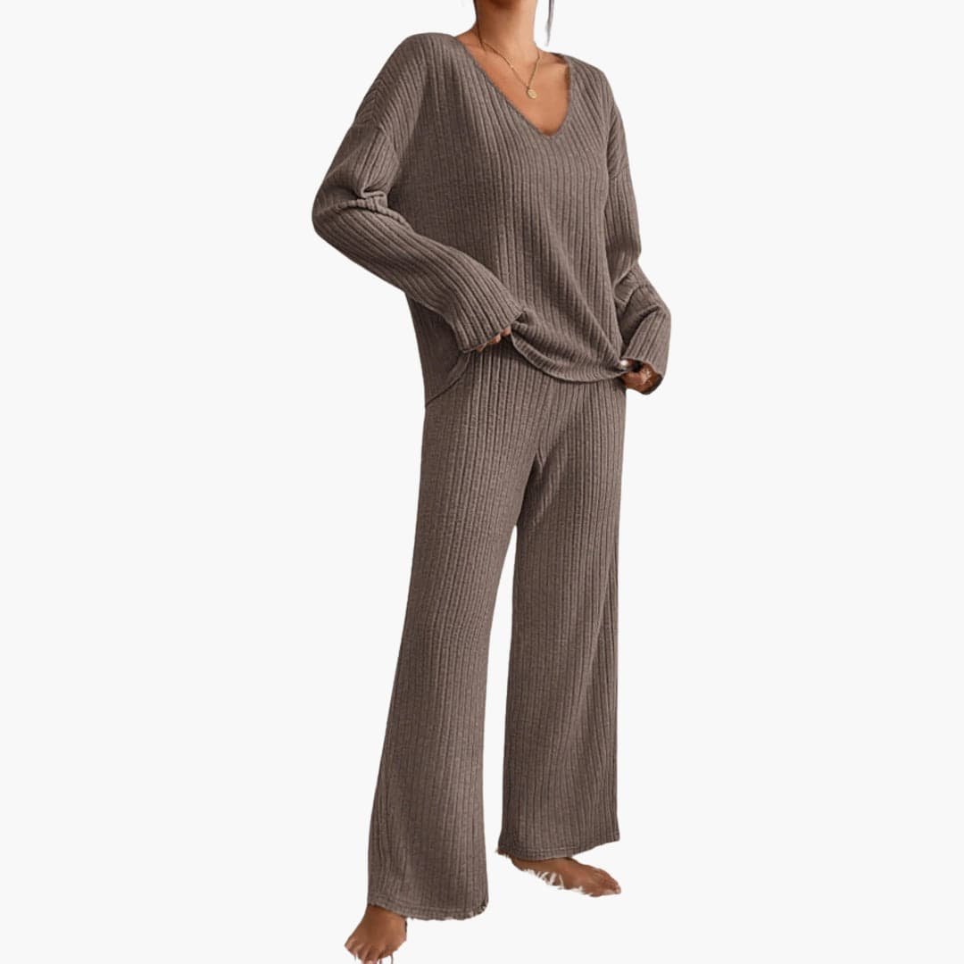 Eleonora | Women's Ribbed Knit V-Neck Sweater and Wide Leg Pants Set