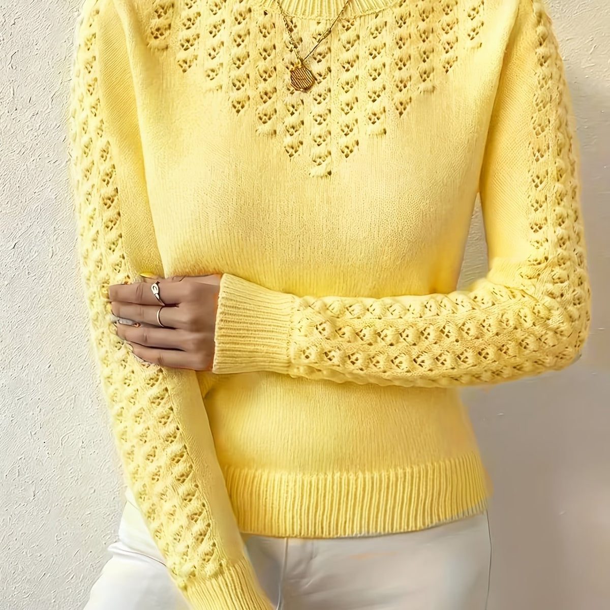 Josie | Women's Fitted Pointelle Knit Sweater with Crew Neck