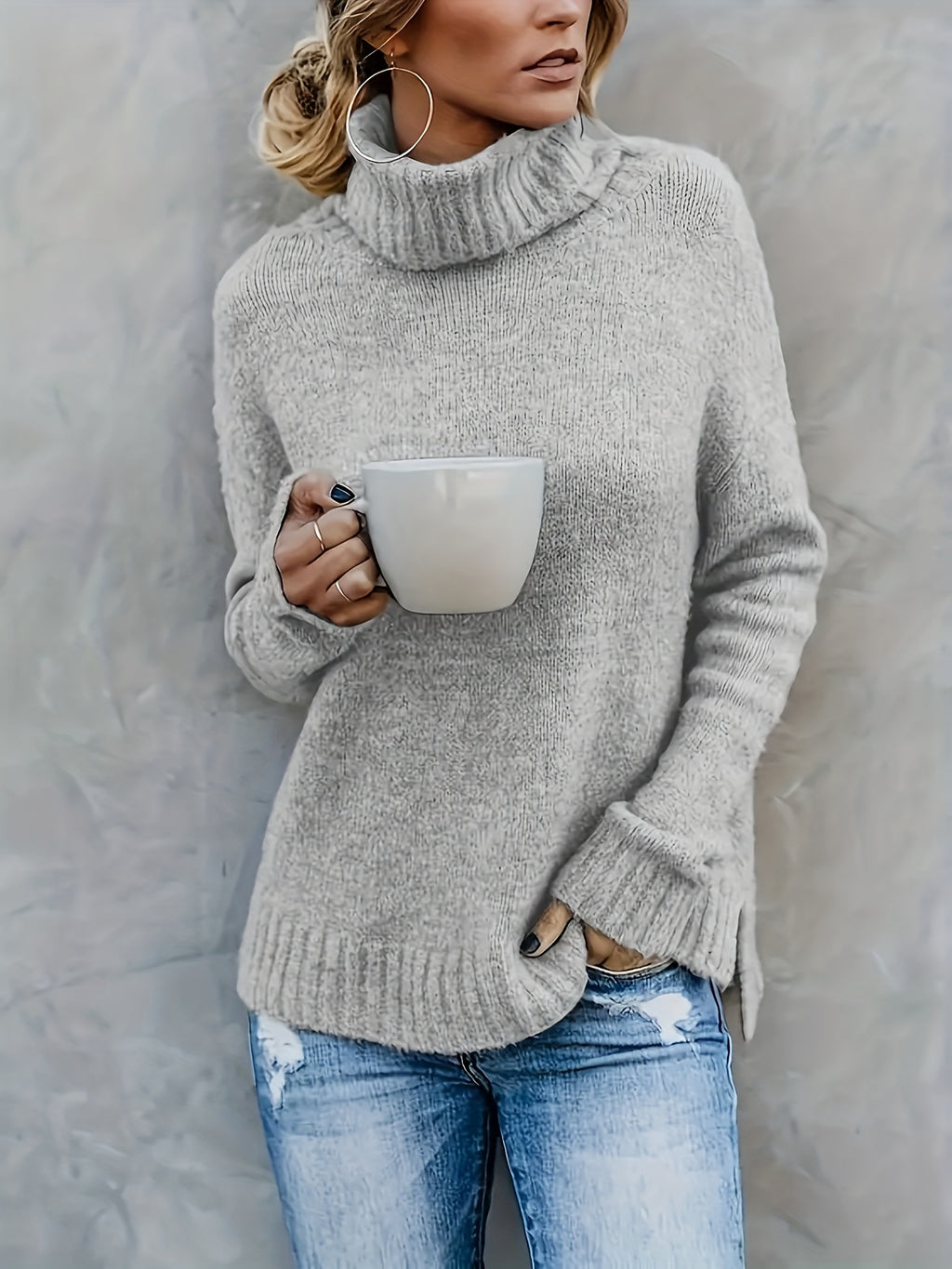 Isolde | Women's Cotton Turtleneck Sweater with Split Hem for Casual Fall Wear
