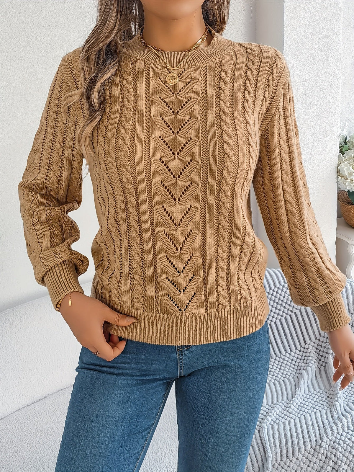 Elspeth | Women's Pointelle Cable Knit Crew Neck Sweater