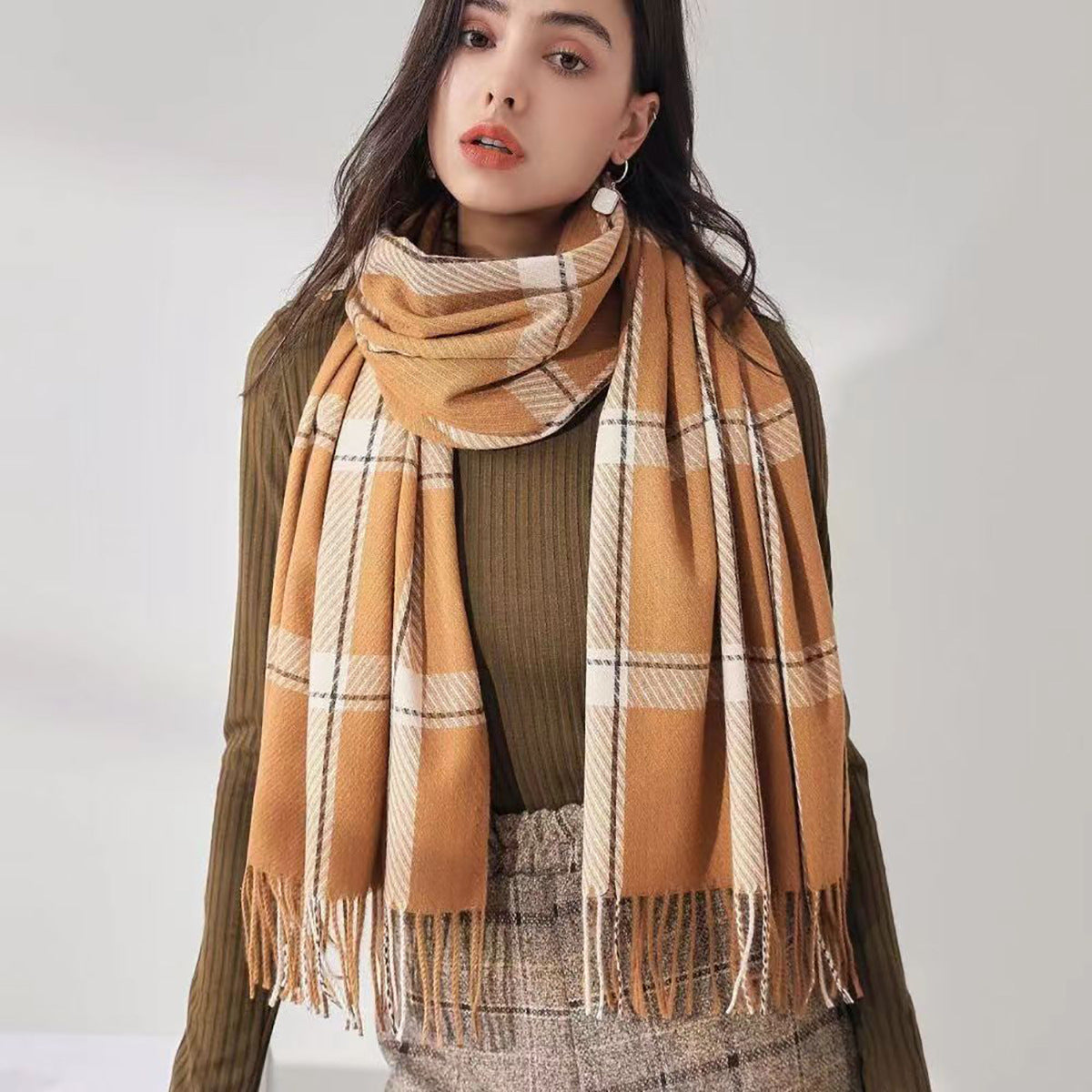 Bianca | Women’s Checked Scarf with Fringe Ends