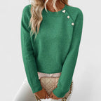Naomi | Women's Crew Neck Pullover with Pearl Button Shoulder Trim