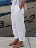 Elasticated High Waist Roll Hem Relaxed Linen Pants