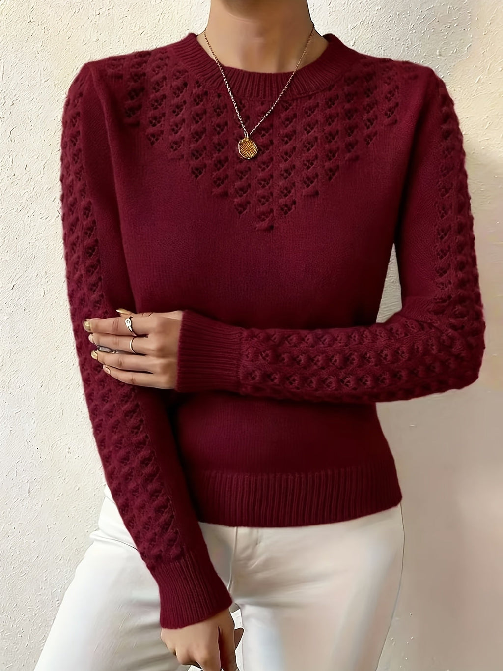 Josie | Women's Fitted Pointelle Knit Sweater with Crew Neck