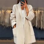 Kiandra | Women's Ribbed Wool Longline Cardigan with Shawl Collar and Pockets