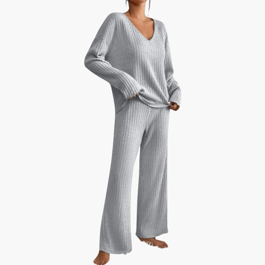 Eleonora | Women's Ribbed Knit V-Neck Sweater and Wide Leg Pants Set