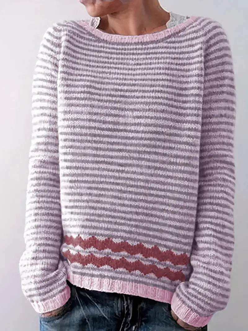 Vivienne | Women's Pinstripe Wave Trim Crew Neck Sweater