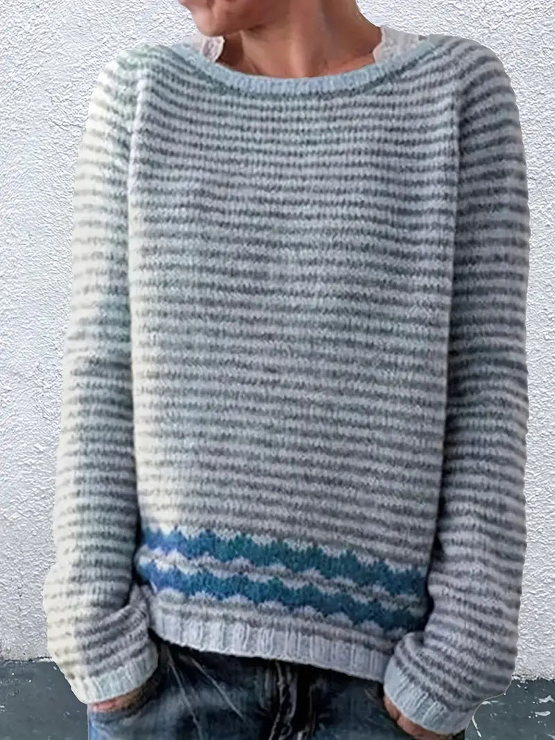 Vivienne | Women's Pinstripe Wave Trim Crew Neck Sweater
