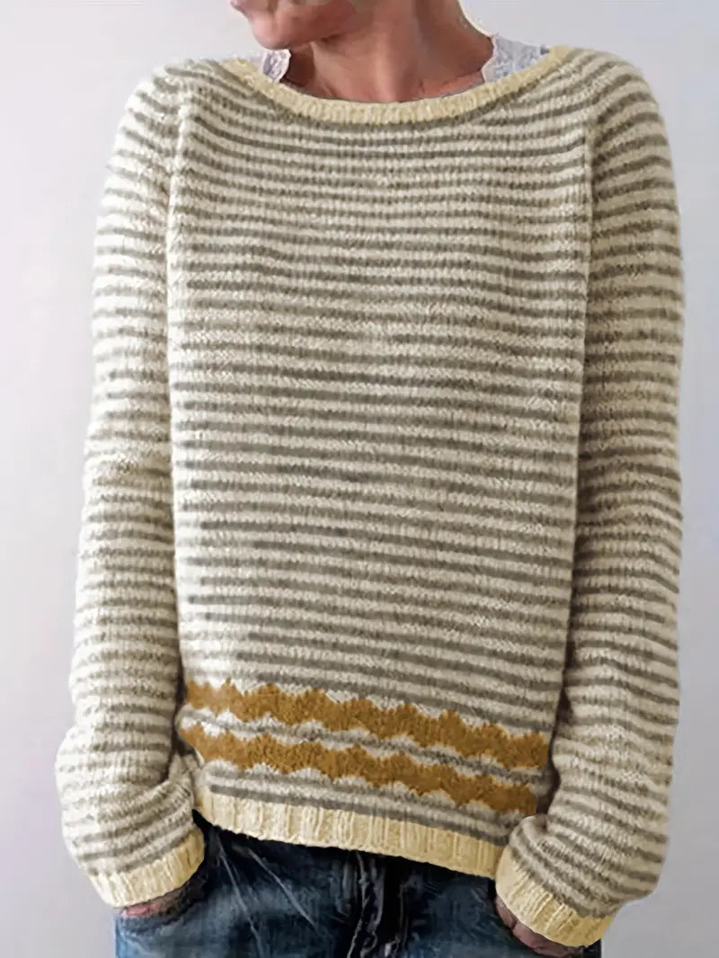 Vivienne | Women's Pinstripe Wave Trim Crew Neck Sweater