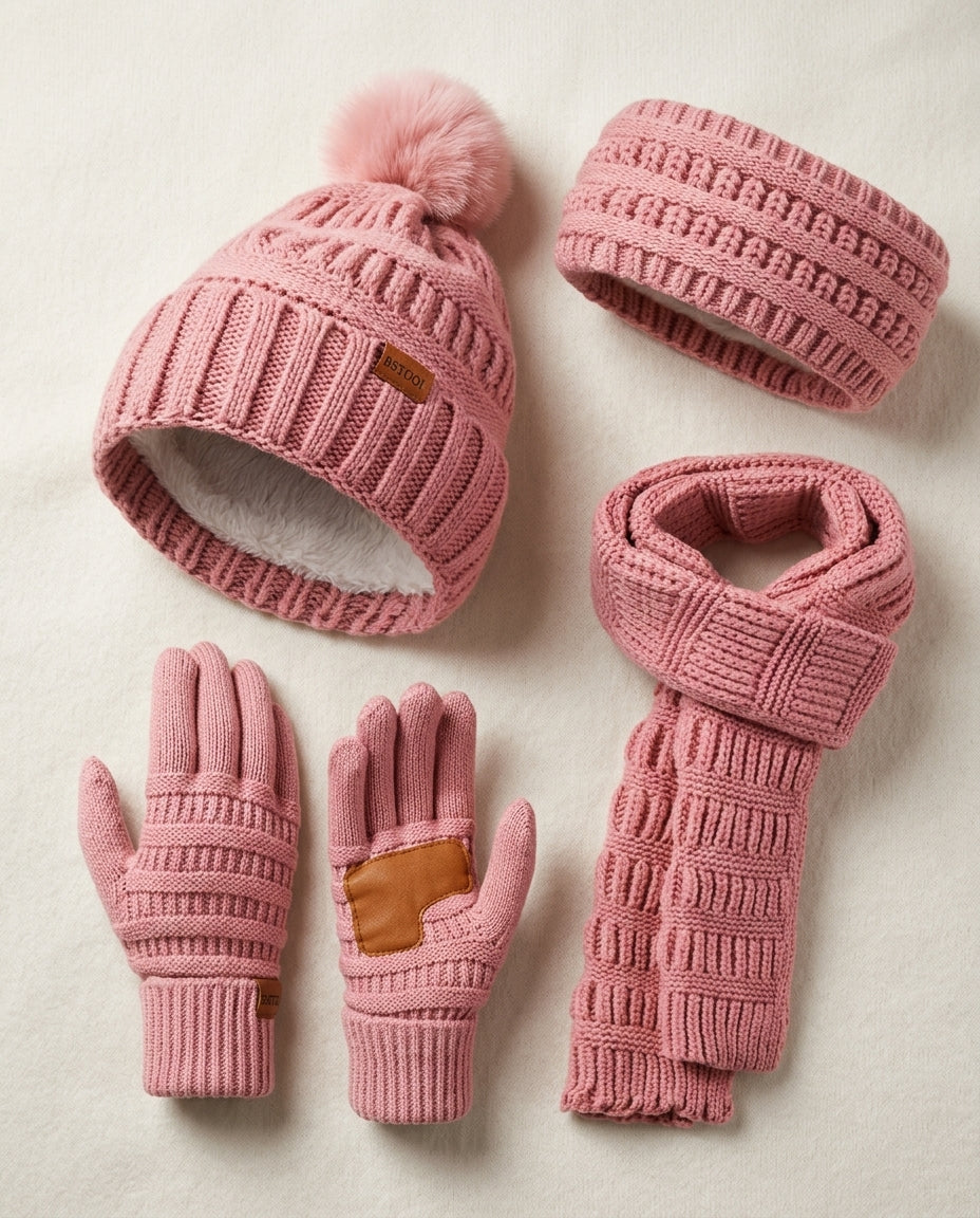 Joelle | Women’s 4 Piece Knit Hat Scarf and Glove Set