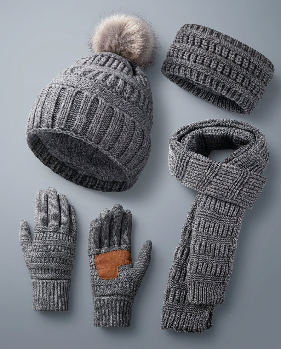 Joelle | Women’s 4 Piece Knit Hat Scarf and Glove Set