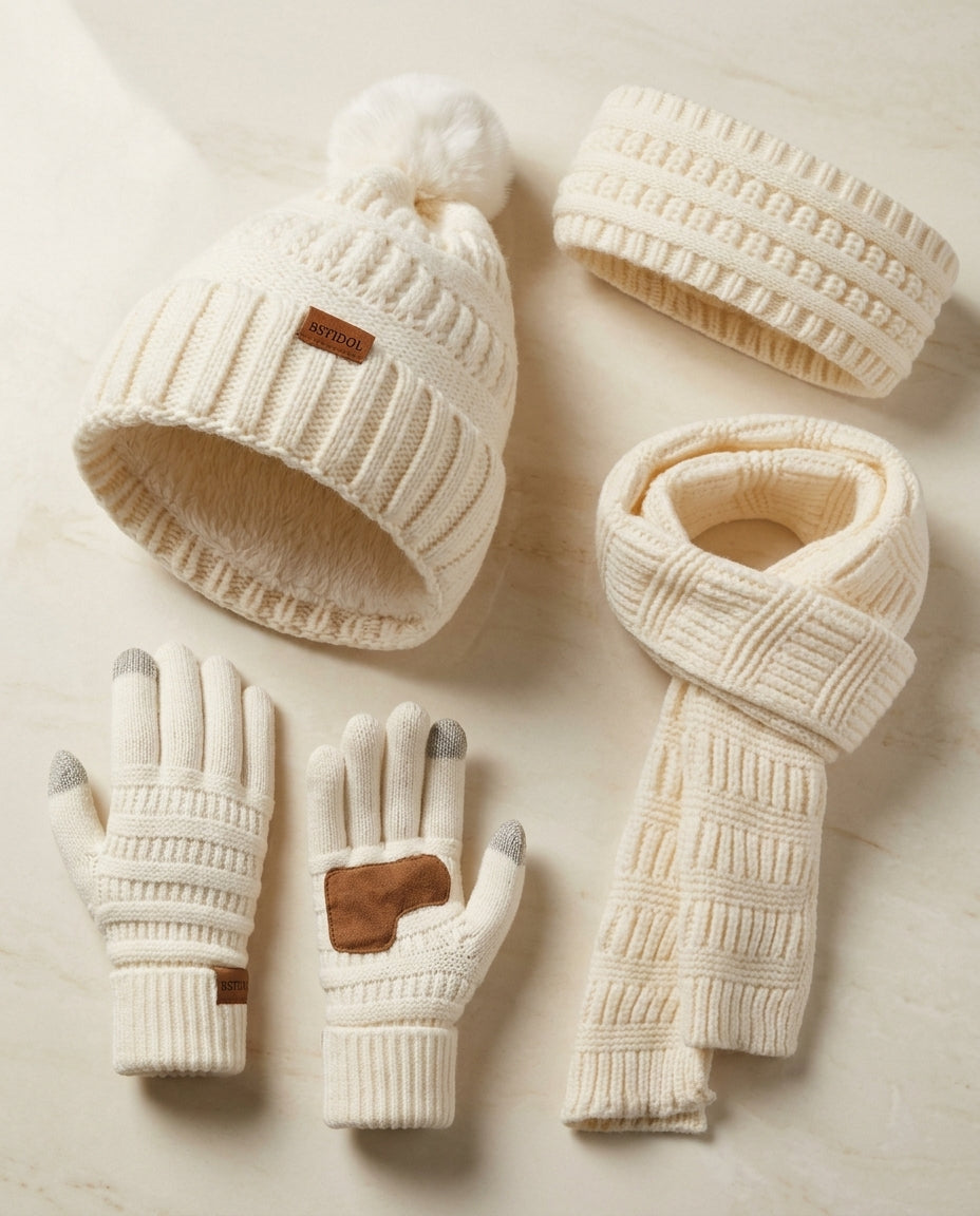 Joelle | Women’s 4 Piece Knit Hat Scarf and Glove Set